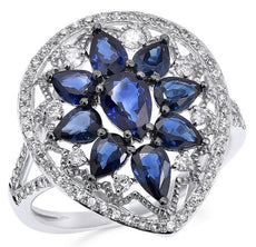 2.76CT DIAMOND & AAA SAPPHIRE 14KT WHITE GOLD 3D PEAR SHAPE FILIGREE FLOWER RING