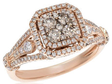 1.28CT WHITE & MOCHA DIAMOND 14KT ROSE GOLD 3D CLUSTER OCTAGON FRIENDSHIP RING