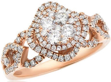 .95CT DIAMOND 14KT ROSE GOLD 3D CLUSTER FLOWER DOUBLE HALO SQUARE LOVE RING