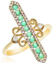 .51CT DIAMOND & AAA EMERALD 14KT YELLOW GOLD FILIGREE ELONGATED BAR HEXAGON RING