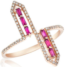 .44CT DIAMOND & AAA RUBY 14KT ROSE GOLD 3D DOUBLE PENTAGON CRISS CROSS FUN RING