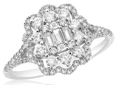 .72CT DIAMOND 14KT WHITE GOLD ROUND & BAGUETTE INVISIBLE CLUSTER FLOWER FUN RING