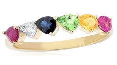 1.06CT DIAMOND & MULTI GEM 14KT YELLOW GOLD 3D SIX STONE PEAR SHAPE RAINBOW RING
