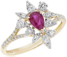 .88CT DIAMOND & AAA RUBY 14KT YELLOW GOLD ROUND & PEAR SHAPE SNOWFLAKE FUN RING