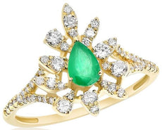 .79CT DIAMOND & AAA EMERALD 18KT YELLOW GOLD PEAR SHAPE FLOWER ENGAGEMENT RING