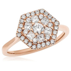 .76CT DIAMOND 14KT ROSE GOLD ROUND & PRINCESS CLUSTER FLOWER HEXAGON LOVE RING