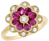 ESTATE 1.61CT DIAMOND & AAA RUBY 14KT YELLOW GOLD ROUND & PEAR SHAPE FLOWER RING