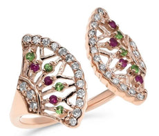 .38CT DIAMOND & AAA RUBY & TSAVORITE 14KT ROSE GOLD 3D TREE OF LIFE FUN RING