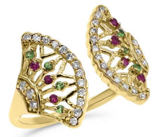 .37CT DIAMOND & AAA RUBY & TSAVORITE 14KT YELLOW GOLD 3D TREE OF LIFE FUN RING