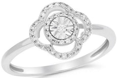 ESTATE .12CT DIAMOND 14KT WHITE GOLD 3D FOUR LEAF CLOVER FLOWER LOVE RING