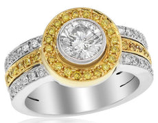 1.68CT WHITE & FANCY YELLOW DIAMOND 18KT 2 TONE GOLD ROUND BEZEL ENGAGEMENT RING