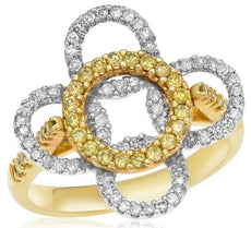 .69CT WHITE & FANCY YELLOW DIAMOND 14KT TWO TONE GOLD LOVE KNOT FLOWER FUN RING
