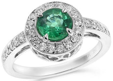 1.16CT DIAMOND & AAA EMERALD 14KT WHITE GOLD ROUND HALO CLASSIC ENGAGEMENT RING