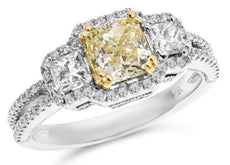 1.90CT WHITE & FANCY YELLOW DIAMOND 18KT WHITE GOLD 3D CUSHION ENGAGEMENT RING