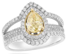 1.20CT WHITE & FANCY YELLOW DIAMOND 18KT 2 TONE GOLD DOUBLE HALO ENGAGEMENT RING