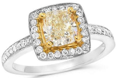 1.60CT WHITE & FANCY YELLOW DIAMOND 14KT 2 TONE GOLD SQUARE HALO ENGAGEMENT RING