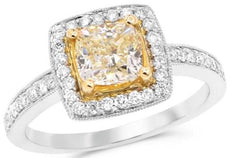 1.41CT WHITE & FANCY YELLOW DIAMOND 18KT 2 TONE GOLD SQUARE HALO ENGAGEMENT RING