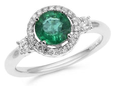 1.34CT DIAMOND & AAA EMERALD 14KT WHITE GOLD ROUND HALO CLASSIC ENGAGEMENT RING