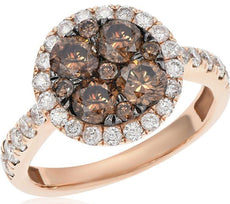 2.27CT WHITE & CHOCOLATE FANCY DIAMOND 14K ROSE GOLD FLOWER HALO FRIENDSHIP RING
