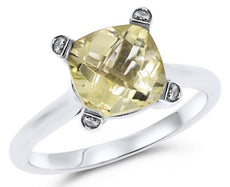 2.05CT DIAMOND & AAA LEMON QUARTZ 14KT WHITE GOLD 3D CUSHION & ROUND FUN RING