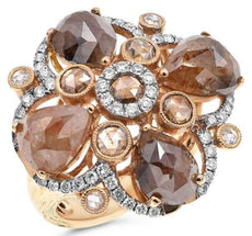 9.20CT WHITE & CHOCOLATE FANCY DIAMOND 18KT ROSE GOLD 3D FLOWER FILIGREE RING
