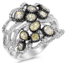 2.14CT WHITE & FANCY YELLOW DIAMOND 18KT WHITE GOLD 3D CLUSTER FILIGREE FUN RING