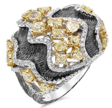 3.80CT WHITE & FANCY YELLOW DIAMOND 18KT WHITE & BLACK GOLD MULTI ROW WAVE RING