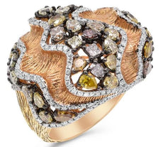 4.0CT WHITE & MULTI COLOR DIAMOND 18KT ROSE GOLD MULTI WAVE MATTE & SHINY RING