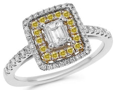 .81CT WHITE & FANCY YELLOW DIAMOND 18KT WHITE GOLD BAGUETTE HALO ENGAGEMENT RING