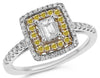 .81CT WHITE & FANCY YELLOW DIAMOND 18KT WHITE GOLD BAGUETTE HALO ENGAGEMENT RING