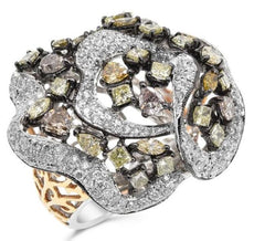 4.55CT WHITE & MULTI COLOR DIAMOND 18KT 2 TONE GOLD 3D MULTI SHAPE FLOWER RING