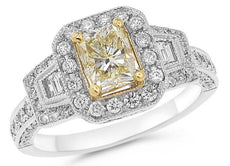 2.01CT WHITE & FANCY YELLOW DIAMOND 14KT 2 TONE GOLD TRAPEZOID ENGAGEMENT RING