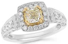 1.72CT WHITE & FANCY YELLOW DIAMOND 18KT 2 TONE GOLD CUSHION ENGAGEMENT RING