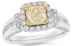 2.34CT WHITE & FANCY YELLOW DIAMOND 18KT 2 TONE GOLD 3D CUSHION ENGAGEMENT RING