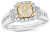 2.34CT WHITE & FANCY YELLOW DIAMOND 18KT 2 TONE GOLD 3D CUSHION ENGAGEMENT RING