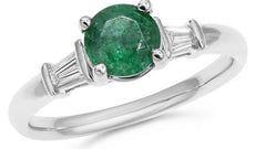 1.01CT DIAMOND & AAA EMERALD 14KT WHITE GOLD 3D ROUND & BAGUETTE ENGAGEMENT RING