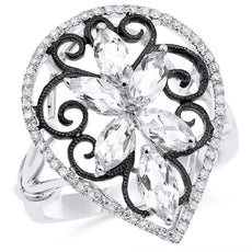 2.26CT DIAMOND & AAA WHITE TOPAZ 14KT WHITE GOLD 3D MARQUISE & ROUND FLOWER RING