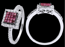 .5CT DIAMOND & AAA RUBIES 14K WHITE GOLD ROUND & PRINCESS INVISIBLE SQUARE RING
