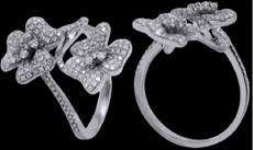 0.65CT DIAMOND 14KT WHITE GOLD ROUND MULTI FLOWER DOUBLE ROW 4 LEAF CLOVER RING