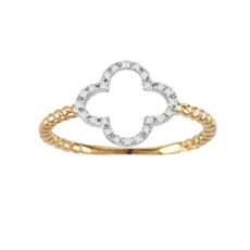 ESTATE .06CT DIAMOND 14KT TWO TONE GOLD 3D FLOWER 4 LEAF CLOVER BEADED FUN RING