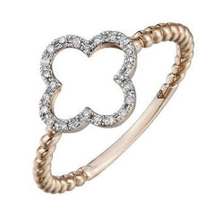ESTATE .06CT DIAMOND 14KT WHITE & ROSE GOLD FLOWER 4 LEAF CLOVER BEADED FUN RING