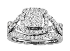 1.CT DIAMOND 14K WHITE GOLD ROUND SQUARE CLUSTER HALO LOVE KNOT PROMISE RING SET