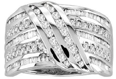 WIDE 1CT DIAMOND 14KT WHITE GOLD ROUND & BAGUETTE 3D MULTI ROW ANNIVERSARY RING