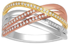 ESTATE .18CT DIAMOND 14KT TRI COLOR GOLD 3D CRISS CROSS MULTI ROW LOVE FUN RING