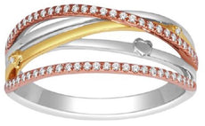 ESTATE .18CT DIAMOND 14KT TRI COLOR GOLD 3D CRISS CROSS MULTI ROW FUN LOVE RING