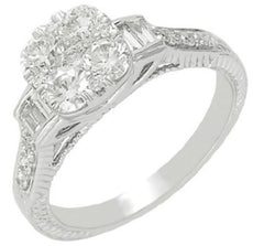 1.12CT DIAMOND 14KT WHITE GOLD ROUND & BAGUETTE FLOWER FRIENDSHIP PROMISE RING