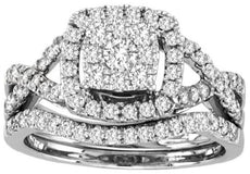 WIDE 1.50CT DIAMOND 14KT WHITE GOLD 3D ROUND SQUARE CLUSTER ANNIVERSARY RING SET