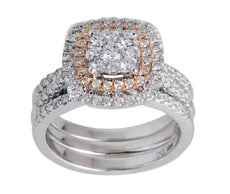 1.00CT DIAMOND 14KT 2 TONE GOLD ROUND SQUARE CLUSTER MULTI ROW DOUBLE HALO RING