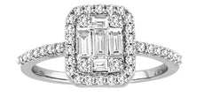 .45CT DIAMOND 18K WHITE GOLD ROUND & BAGUETTE CLUSTER HALO SEMI ETERNITY RING