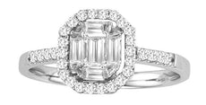 .50CT DIAMOND 18KT WHITE GOLD ROUND & BAGUETTE HALO INVISIBLE HEXAGON LOVE RING